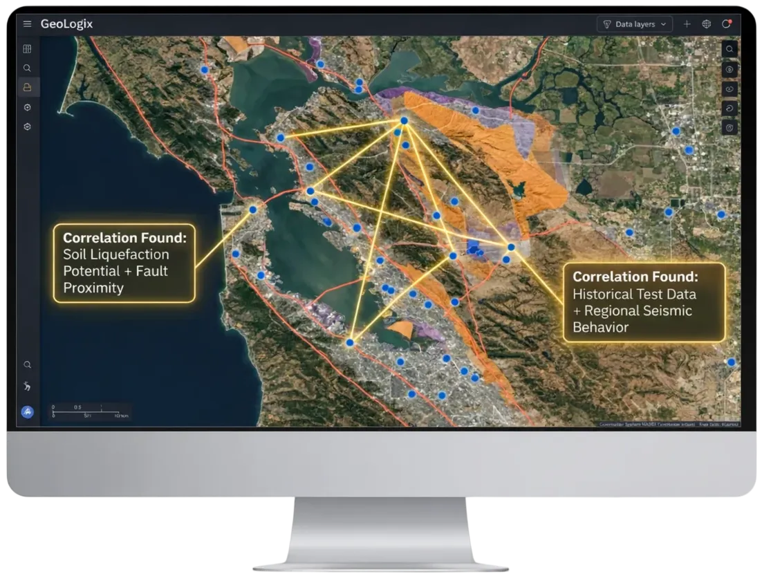 GeoLogix AI showing correlation between soil liquefaction potential, fault proximity, and regional seismic behavior